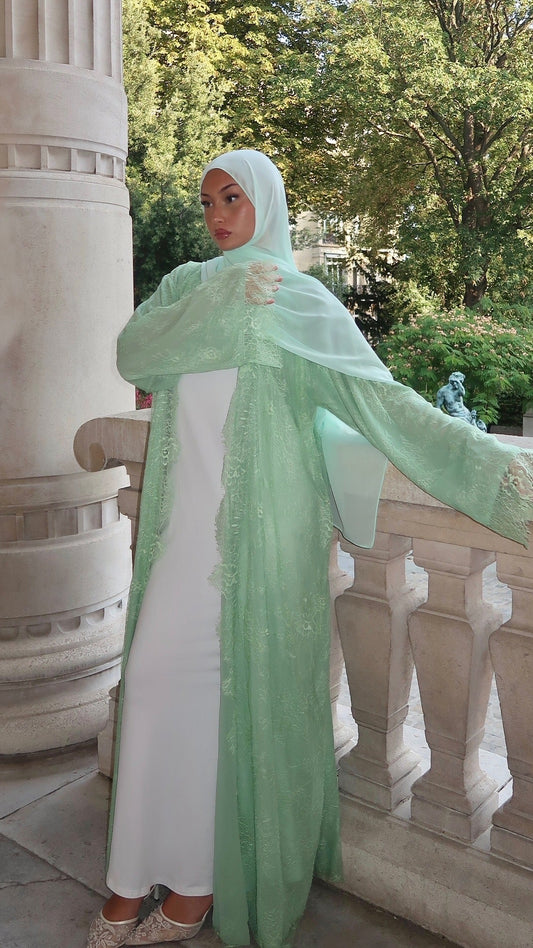 [CREATION ATELIER DUBAÏ]
Kimono en Dentelle doublé mousseline - hijab inclus